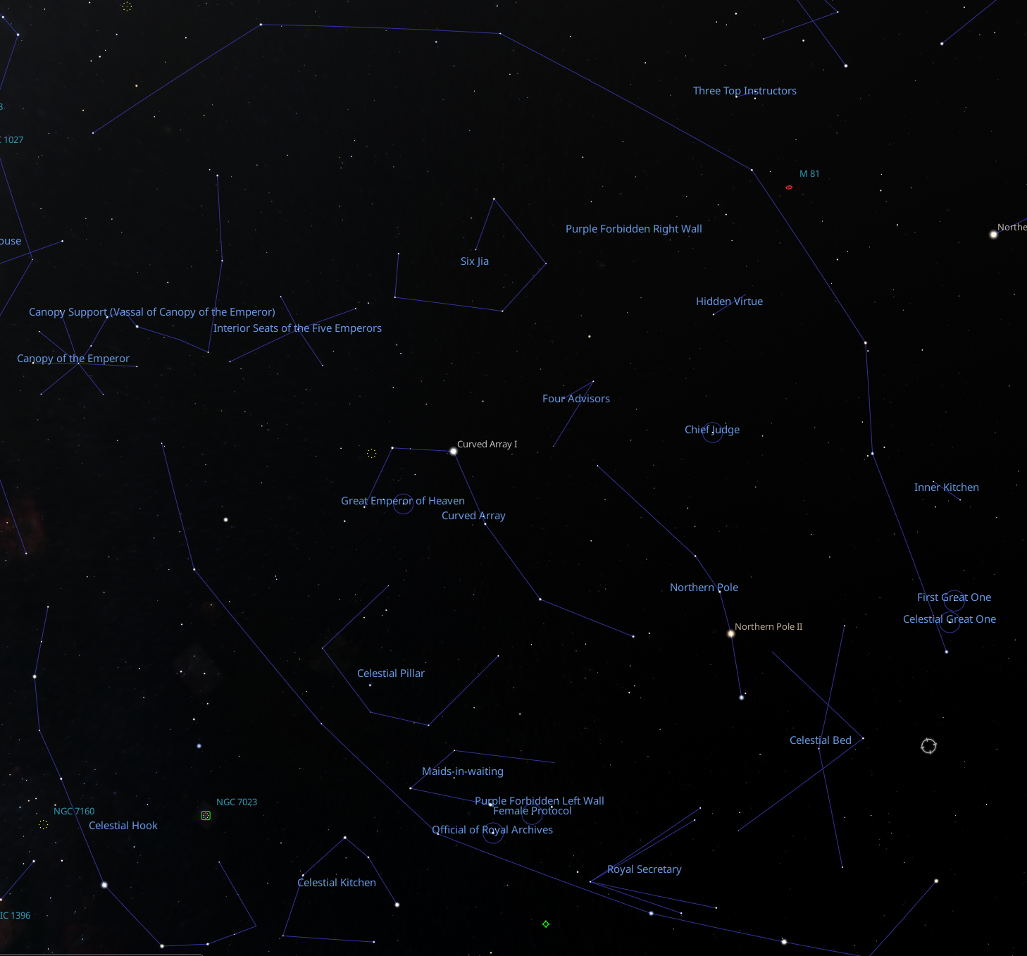 Sơ đồ vùng Tử Vi viên trong phần mềm thiên văn Stellarium, với tên các nhóm sao quanh vùng trời phía bắc.
